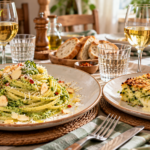 Tavola mediterranea con pasta e gratin di zucchine