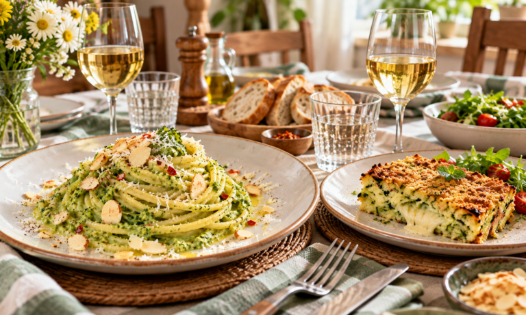 Tavola mediterranea con pasta e gratin di zucchine
