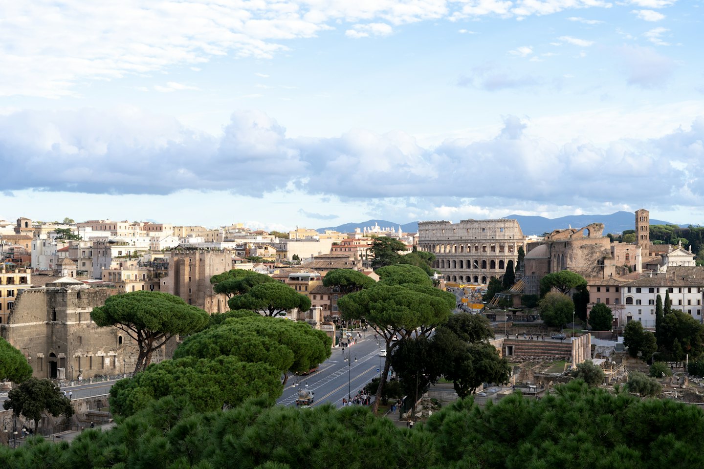 Skyline di Roma con rovine antiche e pini verdi.